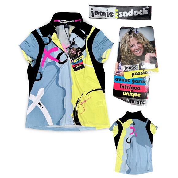 NWT Jamie Sadock Golf Polo Shirt Womens XS Colorful Abstract Pop Art Fashion Top - Picture 1 of 14